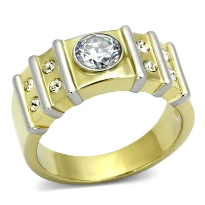 Fashnzfab Two-tone Ip Gold (ion Plating) Stainless Steel Ring With Aaa Grade Cz In Clear In Black