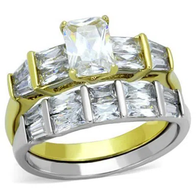 Fashnzfab Two-tone Ip Gold (ion Plating) Stainless Steel Ring With Aaa Grade Cz In Clear In Silver