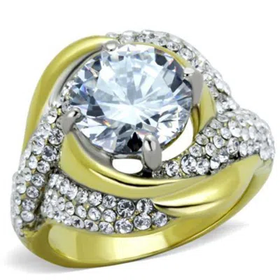 Fashnzfab Two-tone Ip Gold (ion Plating) Stainless Steel Ring With Aaa Grade Cz In Clear In Multi