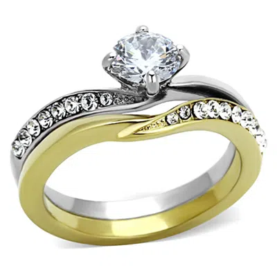 Fashnzfab Two-tone Ip Gold (ion Plating) Stainless Steel Ring With Aaa Grade Cz In Clear In Pattern