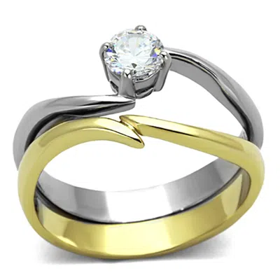 Fashnzfab Two-tone Ip Gold (ion Plating) Stainless Steel Ring With Aaa Grade Cz In Clear In Pattern