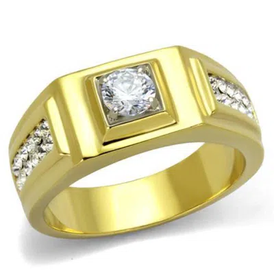 Fashnzfab Two-tone Ip Gold (ion Plating) Stainless Steel Ring With Aaa Grade Cz In Clear In Purple