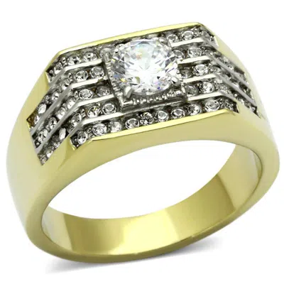 Fashnzfab Two-tone Ip Gold (ion Plating) Stainless Steel Ring With Aaa Grade Cz In Clear In Yellow