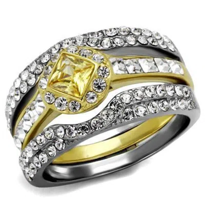 Fashnzfab Two-tone Ip Gold (ion Plating) Stainless Steel Ring With Aaa Grade Cz In Topaz In Pink