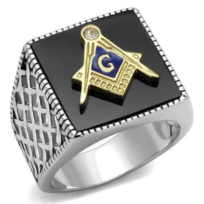 Fashnzfab Two-tone Ip Gold (ion Plating) Stainless Steel Ring With Semi-precious Agate In Jet In Multi
