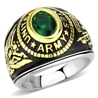 Fashnzfab Two-tone Ip Gold (ion Plating) Stainless Steel Ring With Synthetic Synthetic Glass In Emerald In Purple