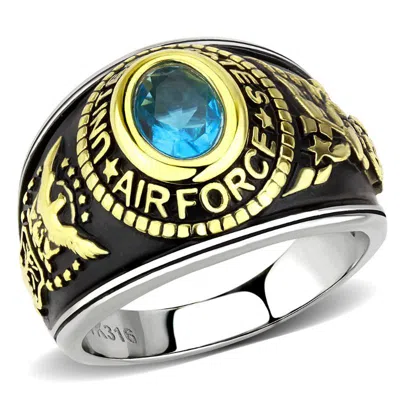 Fashnzfab Two-tone Ip Gold (ion Plating) Stainless Steel Ring With Synthetic Synthetic Glass In Sea Blue In Black