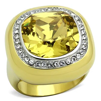 Fashnzfab Two-tone Ip Gold (ion Plating) Stainless Steel Ring With Synthetic Synthetic Glass In Topaz In Brown