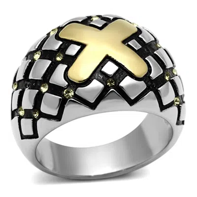 Fashnzfab Two-tone Ip Gold (ion Plating) Stainless Steel Ring With Top Grade Crystal In Citrine Yellow In Black