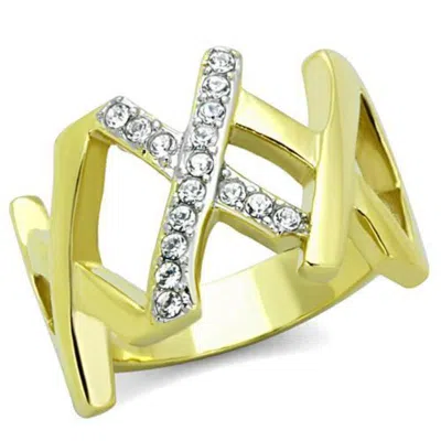 Fashnzfab Two-tone Ip Gold (ion Plating) Stainless Steel Ring With Top Grade Crystal In Clear