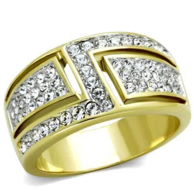 Fashnzfab Two-tone Ip Gold (ion Plating) Stainless Steel Ring With Top Grade Crystal In Clear