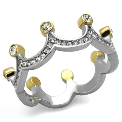 Fashnzfab Two-tone Ip Gold (ion Plating) Stainless Steel Ring With Top Grade Crystal In Clear In Metallic