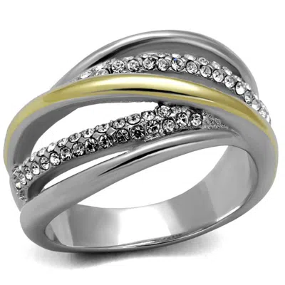 Fashnzfab Two-tone Ip Gold (ion Plating) Stainless Steel Ring With Top Grade Crystal In Clear In Metallic