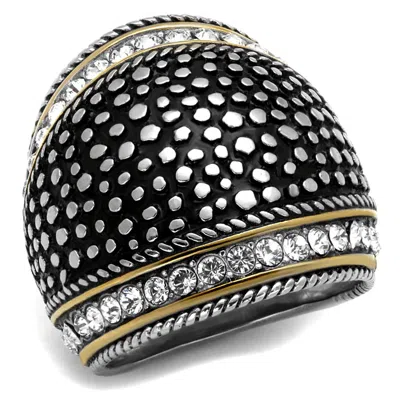 Fashnzfab Two-tone Ip Gold (ion Plating) Stainless Steel Ring With Top Grade Crystal In Clear In Metallic
