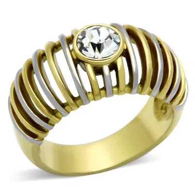 Fashnzfab Two-tone Ip Gold (ion Plating) Stainless Steel Ring With Top Grade Crystal In Clear In Multi