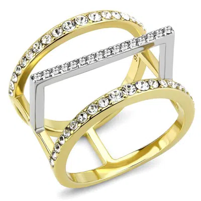 Fashnzfab Two-tone Ip Gold (ion Plating) Stainless Steel Ring With Top Grade Crystal In Clear In Multi