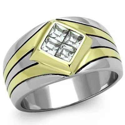 Fashnzfab Two-tone Ip Gold (ion Plating) Stainless Steel Ring With Top Grade Crystal In Clear In Multi