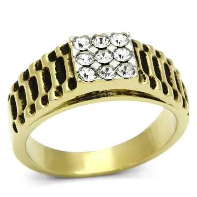 Fashnzfab Two-tone Ip Gold (ion Plating) Stainless Steel Ring With Top Grade Crystal In Clear