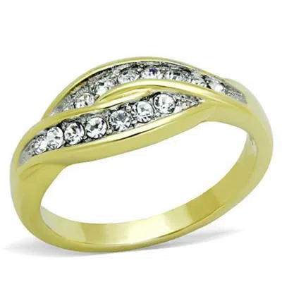 Fashnzfab Two-tone Ip Gold (ion Plating) Stainless Steel Ring With Top Grade Crystal In Clear