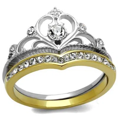 Fashnzfab Two-tone Ip Gold (ion Plating) Stainless Steel Ring With Top Grade Crystal In Clear In Multi