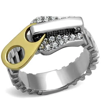 Fashnzfab Two-tone Ip Gold (ion Plating) Stainless Steel Ring With Top Grade Crystal In Clear In Multi