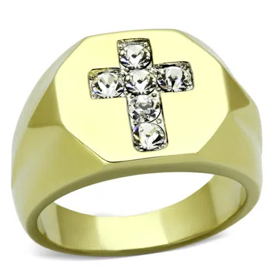 Fashnzfab Two-tone Ip Gold (ion Plating) Stainless Steel Ring With Top Grade Crystal In Clear In Pattern