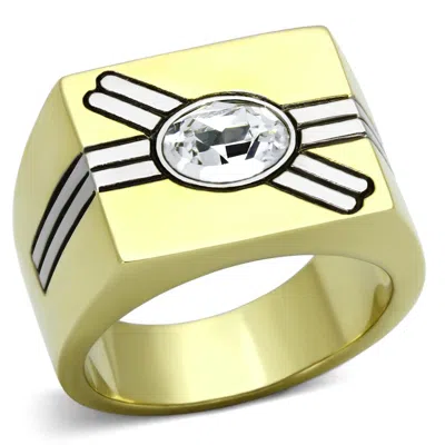 Fashnzfab Two-tone Ip Gold (ion Plating) Stainless Steel Ring With Top Grade Crystal In Clear In Pattern