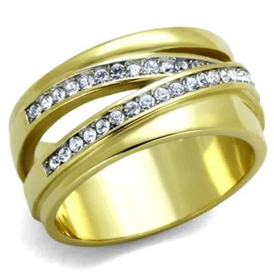 Fashnzfab Two-tone Ip Gold (ion Plating) Stainless Steel Ring With Top Grade Crystal In Clear In Yellow