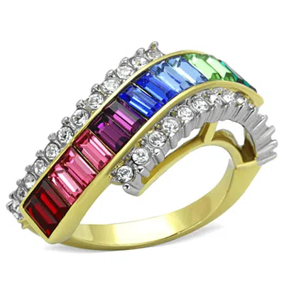 Fashnzfab Two-tone Ip Gold (ion Plating) Stainless Steel Ring With Top Grade Crystal In Multi Color