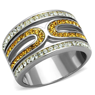 Fashnzfab Two-tone Ip Gold (ion Plating) Stainless Steel Ring With Top Grade Crystal In Topaz In Multi