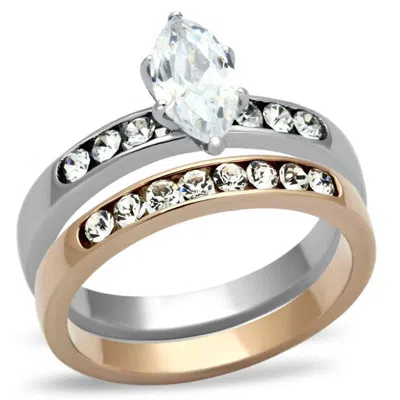 Fashnzfab Two-tone Ip Rose Gold Stainless Steel Ring With Aaa Grade Cz In Clear