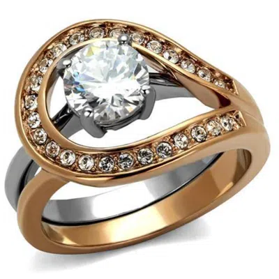 Fashnzfab Two-tone Ip Rose Gold Stainless Steel Ring With Aaa Grade Cz In Clear