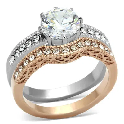 Fashnzfab Two-tone Ip Rose Gold Stainless Steel Ring With Aaa Grade Cz In Clear In Multi