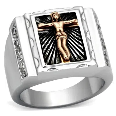Fashnzfab Two-tone Ip Rose Gold Stainless Steel Ring With Aaa Grade Cz In Clear In Orange