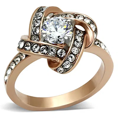 Fashnzfab Two-tone Ip Rose Gold Stainless Steel Ring With Aaa Grade Cz In Clear In Pattern