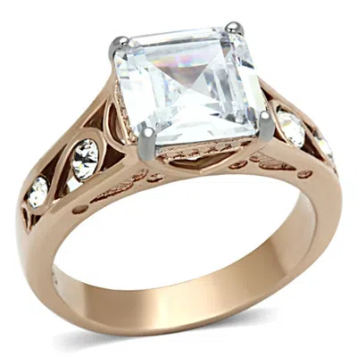 Fashnzfab Two-tone Ip Rose Gold Stainless Steel Ring With Aaa Grade Cz In Clear In Pattern