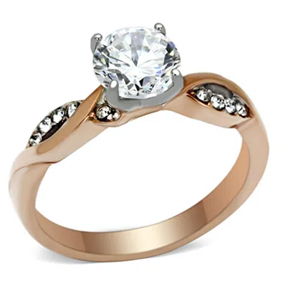 Fashnzfab Two-tone Ip Rose Gold Stainless Steel Ring With Aaa Grade Cz In Clear In Pink