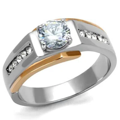 Fashnzfab Two-tone Ip Rose Gold Stainless Steel Ring With Aaa Grade Cz In Clear In Silver
