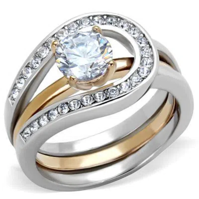 Fashnzfab Two-tone Ip Rose Gold Stainless Steel Ring With Aaa Grade Cz In Clear In White