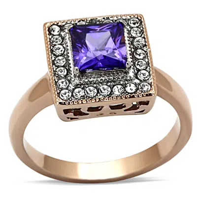 Fashnzfab Two-tone Ip Rose Gold Stainless Steel Ring With Aaa Grade Cz In Tanzanite
