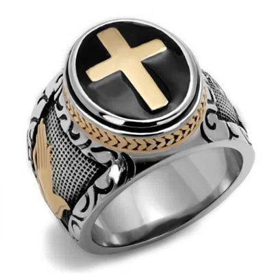 Fashnzfab Two-tone Ip Rose Gold Stainless Steel Ring With Epoxy In Jet In Multi