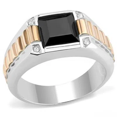 Fashnzfab Two-tone Ip Rose Gold Stainless Steel Ring With Synthetic Onyx In Jet In Multi
