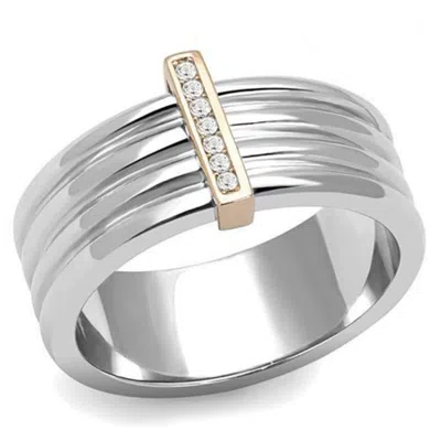 Fashnzfab Two-tone Ip Rose Gold Stainless Steel Ring With Top Grade Crystal In Clear In Multi