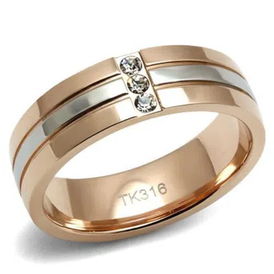 Fashnzfab Two-tone Ip Rose Gold Stainless Steel Ring With Top Grade Crystal In Clear In Silver