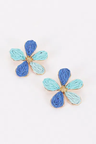 Fashnzfab Two-tone Raffia Flower Stud Earrings In Blue