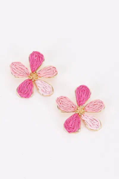 Fashnzfab Two-tone Raffia Flower Stud Earrings In Pink