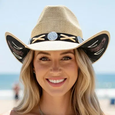 Fashnzfab Underbrim Horse Horseshoe Print Crisscross Lace Conch Accent Band Western Cowboy Hat In Brown