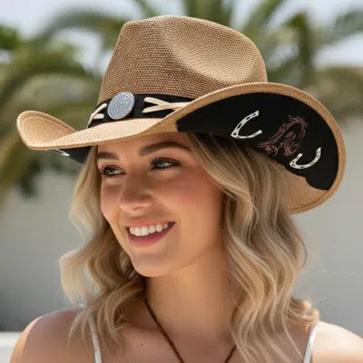 Fashnzfab Underbrim Horse Horseshoe Print Crisscross Lace Conch Accent Band Western Cowboy Hat In Pink