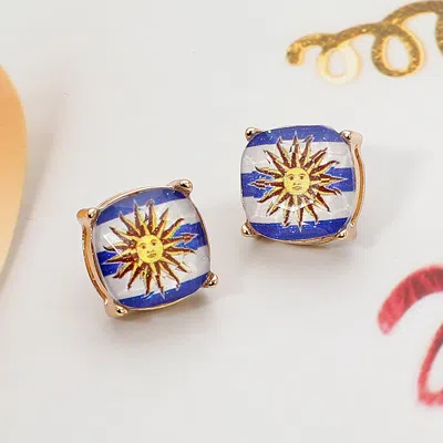 Fashnzfab Uruguay Flag Printed Faceted Cushion Stud Earrings In Gold