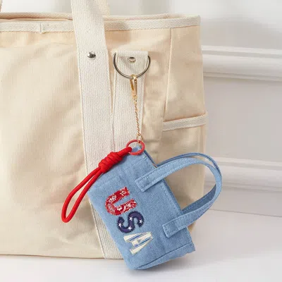 Fashnzfab Usa Letter Embroidered Mini Canvas Tote Bag Keychain Bag Charm In Multi